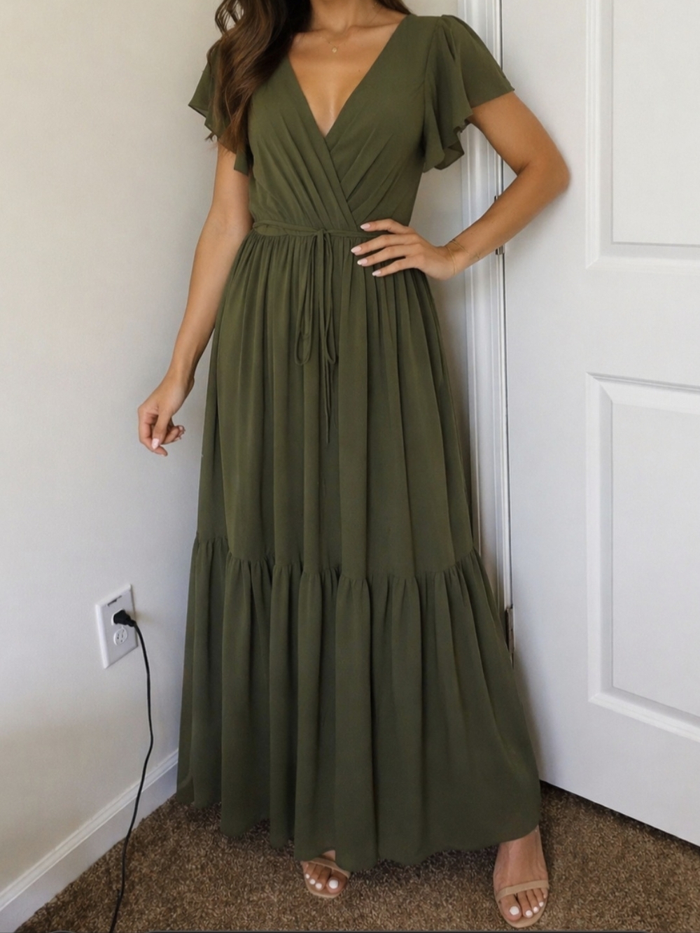 White by Vera Wang Olive Green V-Neck Maxi Dress with Flutter Sleeves Size 2